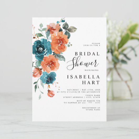 Blauwgroen Verbrand Sinaasappel Bloemen Rustiek Vr Kaart (Staand voorkant)