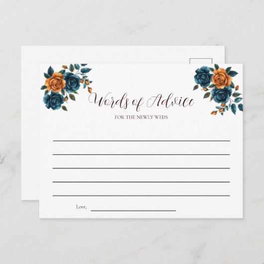 Blauwgroen & Verbrand Sinaasappel Trouwwoorden van Uitnodiging Briefkaart (Voorkant / Achterkant)