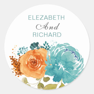 Blauwgroen verbrande Sinaasappel Bloemen Boho Ronde Sticker