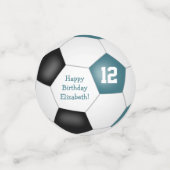 blauwgroen verjaardagscentrum voor zwarte voetbal confetti (Kleine voorkant)