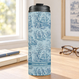 Blauwgroen Vintage Frans Toile de Jouy Patroon Thermosbeker