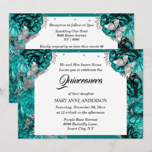 Blauwgroen vlinderelegant roos quinceanera kaart
