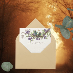 Blauwgroen Vogels op Tak Paarse Bloemen RSVP Kaart