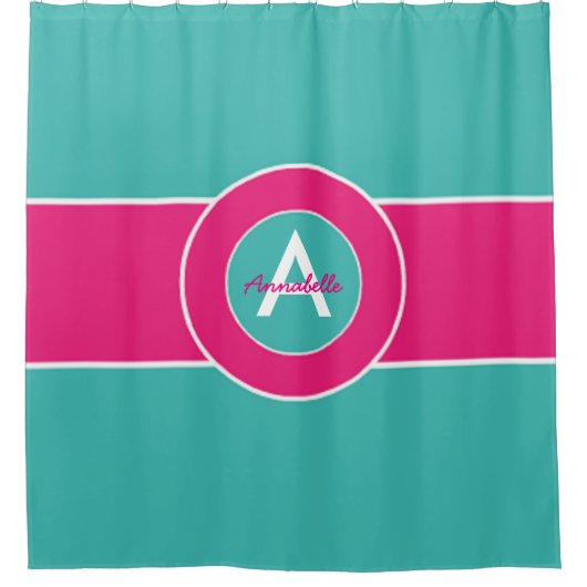 Blauwgroen warm roze monogram op maat douchegordijn (Voorkant)