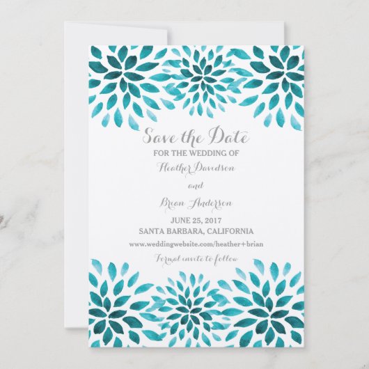 Blauwgroen Waterverf Chrysanthemum Opslaan Datum Save The Date (Voorkant)