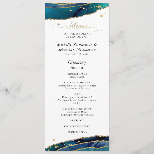 Blauwgroen Waterverf Gold Agate Wedding Programma (Voorkant)