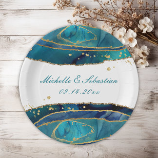 Blauwgroen Waterverf Gold Agate Wedding Reception Papieren Bordje