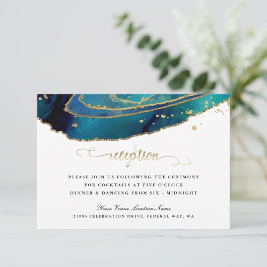 Blauwgroen Waterverf Gold Script Agate Reception Informatiekaartje (Staand voorkant)