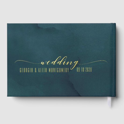 Blauwgroen Waterverf Gold Script Elegant Wedding Gastenboek (Achterkant)