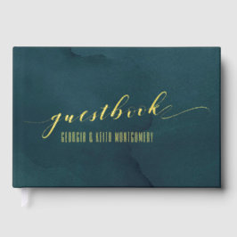 Blauwgroen Waterverf Gold Script Elegant Wedding Gastenboek