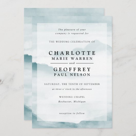 Blauwgroen waterverf misy landscape bruiloft-uitno kaart (Voorkant / Achterkant)