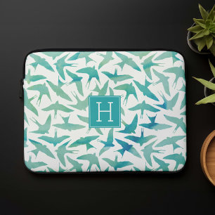 Blauwgroen Waterverf vogelpatroon Laptop Sleeve
