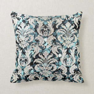 Blauwgroen wattachtige blu Damask Gray Pearl Glitt Kussen