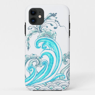 Blauwgroen Waves iPhone Case met Flowers