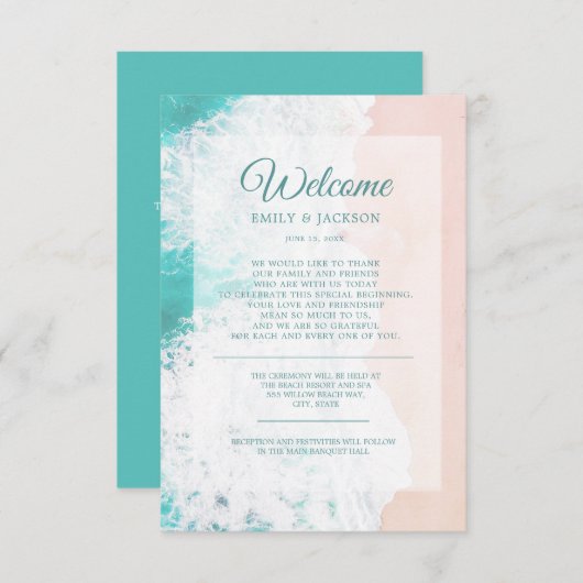 Blauwgroen White Beach Ocean Weddenschap Welkom Informatiekaartje (Voorkant / Achterkant)