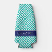 Blauwgroen WHT Grieks Sleutel Diag T Navy Naam Mon Flesjeskoeler (Voorkant)