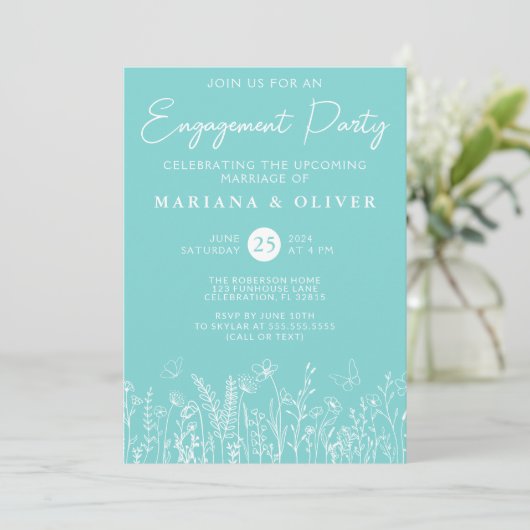 Blauwgroen Wildflowers Engagement Party Invitation Kaart (Staand voorkant)
