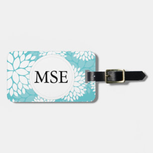 Blauwgroen wit bloemmotief bagagelabel