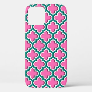 Blauwgroen Wit DIY BG Marokkaans Quatrefoil #5DS iPhone 12 Hoesje