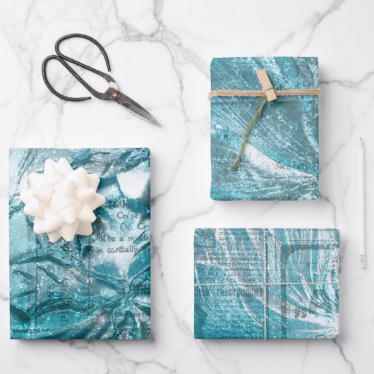 Blauwgroen wit flessenpatroon Glitter Sparkle Inpakpapier Vel (Voorkant)