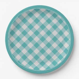 Blauwgroen/wit Gingham Controleert Patroon Eenvoud Papieren Bordje