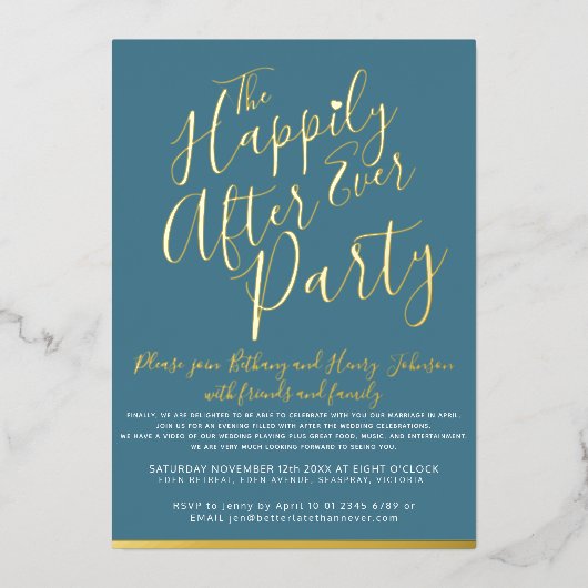 Blauwgroen wit goud gelukkig ooit na het bruiloft folie uitnodiging (Voorkant)