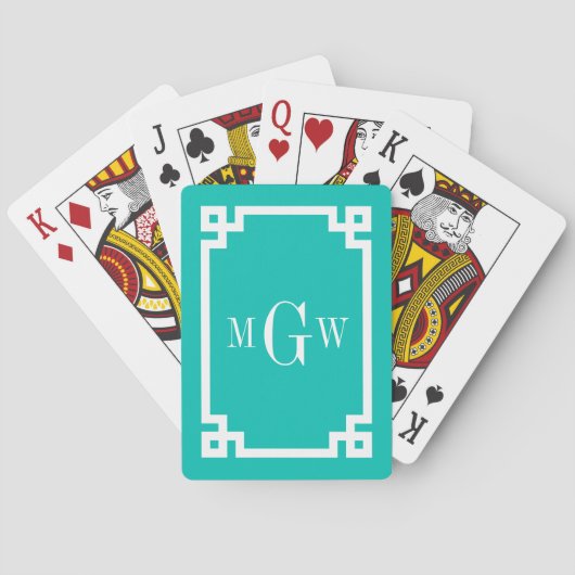 Blauwgroen wit grieks sleutel #2 ingelijst 3 init pokerkaarten (Achterkant)
