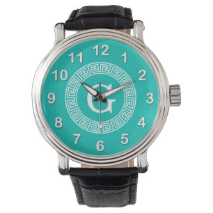 Blauwgroen wit grieks sleutel rond Lijst Initiaal Horloge