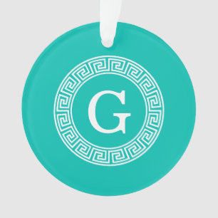 Blauwgroen wit grieks sleutel rond Lijst Initiaal Ornament