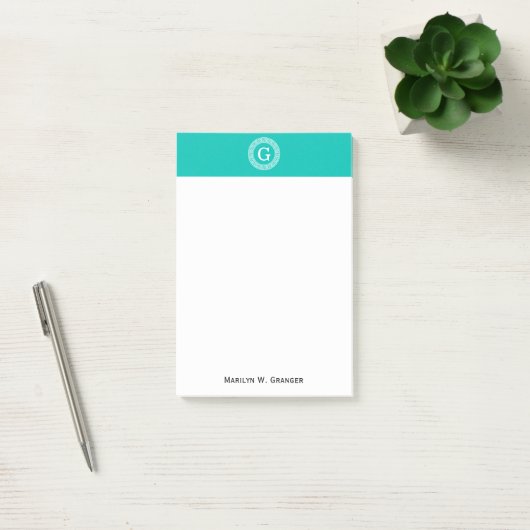 Blauwgroen wit grieks sleutel rond Lijst Initiaal  Post-it® Notes (Kantoor)