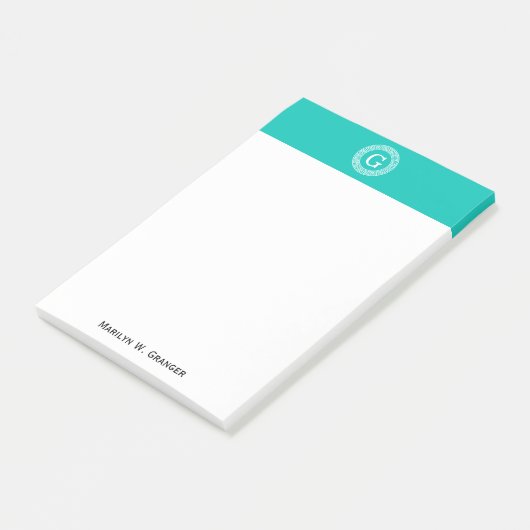Blauwgroen wit grieks sleutel rond Lijst Initiaal  Post-it® Notes (Schuin)
