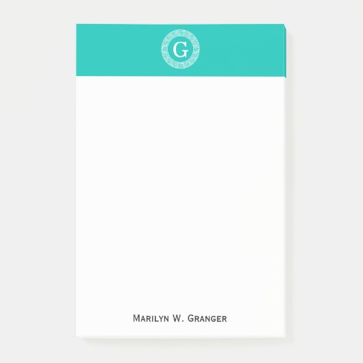 Blauwgroen wit grieks sleutel rond Lijst Initiaal  Post-it® Notes (Voorkant)