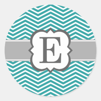 Blauwgroen wit monogram letter E Chevron Ronde Sticker
