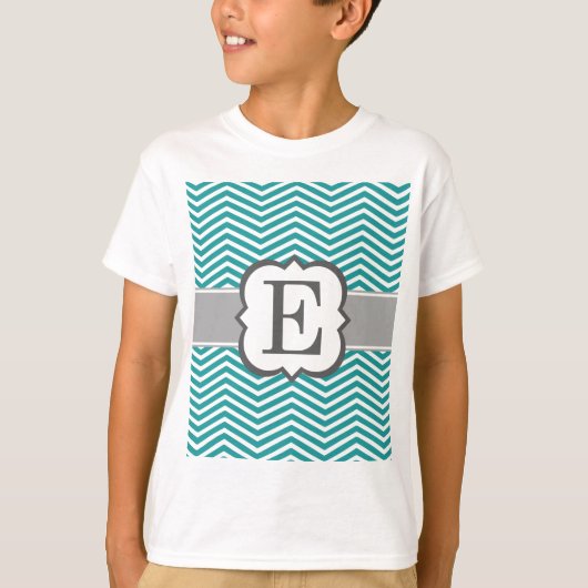 Blauwgroen wit monogram letter E Chevron T-shirt (Voorkant)