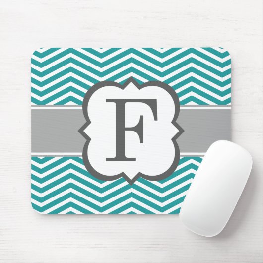 Blauwgroen wit monogram Letter F Chevron Muismat (Met muis)