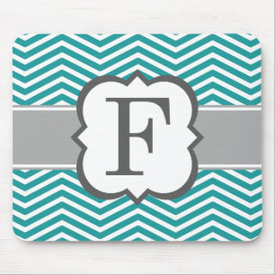 Blauwgroen wit monogram Letter F Chevron Muismat
