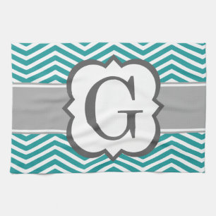 Blauwgroen wit monogram Letter G Chevron Theedoek