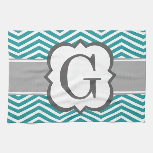 Blauwgroen wit monogram Letter G Chevron Theedoek (Horizontaal)