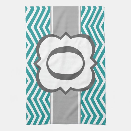 Blauwgroen wit monogram letter O Chevron Theedoek (Verticaal)