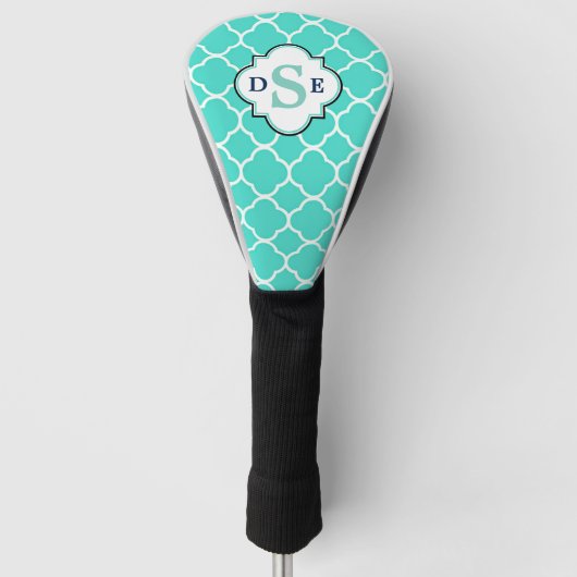 Blauwgroen wit Quatrefoil monogram Golfheadcover (Voorkant)