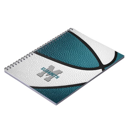 blauwgroen wit team kleuren jongens basketbal notitieboek (Linkerzijde)