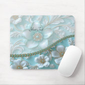 Blauwgroen Witte Bloemen Mousepad Muismat (Met muis)