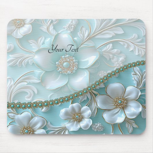 Blauwgroen Witte Bloemen Mousepad Muismat (Voorkant)