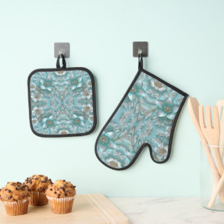 Blauwgroen Witte Bloemen Oven Mitt & Pot Holder Se Ovenwant & Pannenlap Set