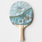 Blauwgroen Witte Bloemen Ping Pong Paddle Tafeltennisbatje (Voorkant)