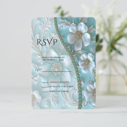 Blauwgroen witte bloemen RSVP-kaart RSVP Kaartje