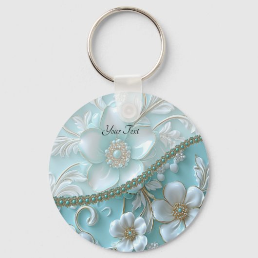 Blauwgroen Witte Bloemen Sleutelhanger (Voorkant)