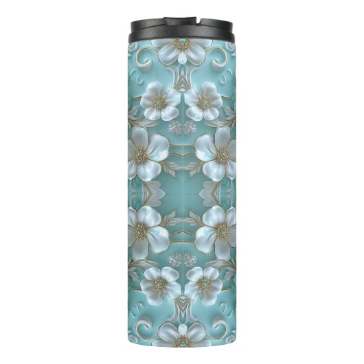 Blauwgroen Witte Bloemen Thermische Tumbler Thermosbeker (Achterkant)