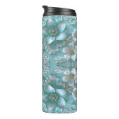 Blauwgroen Witte Bloemen Thermische Tumbler Thermosbeker (Geroteerd rechts)