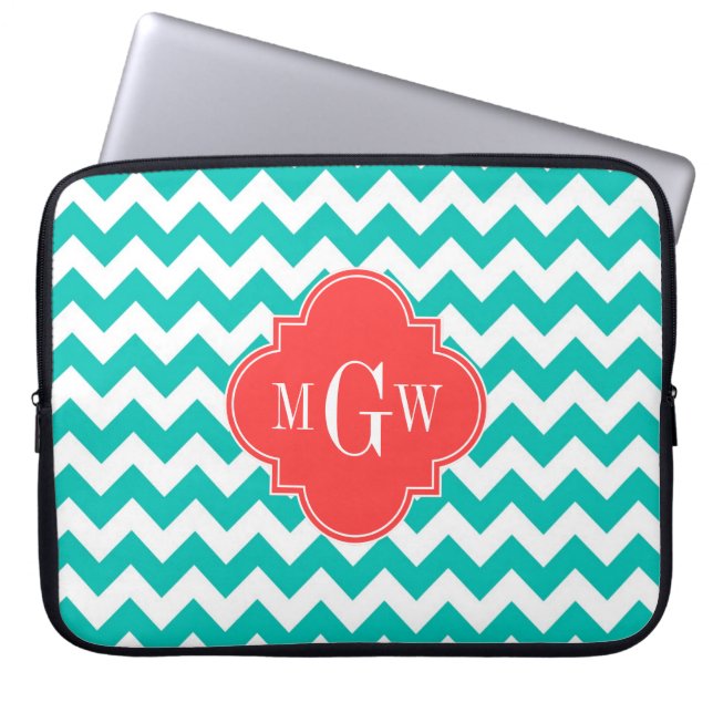 Blauwgroen Witte Chevron Coral Quatrefoil 3 Monogr Laptop Sleeve (Voorkant)